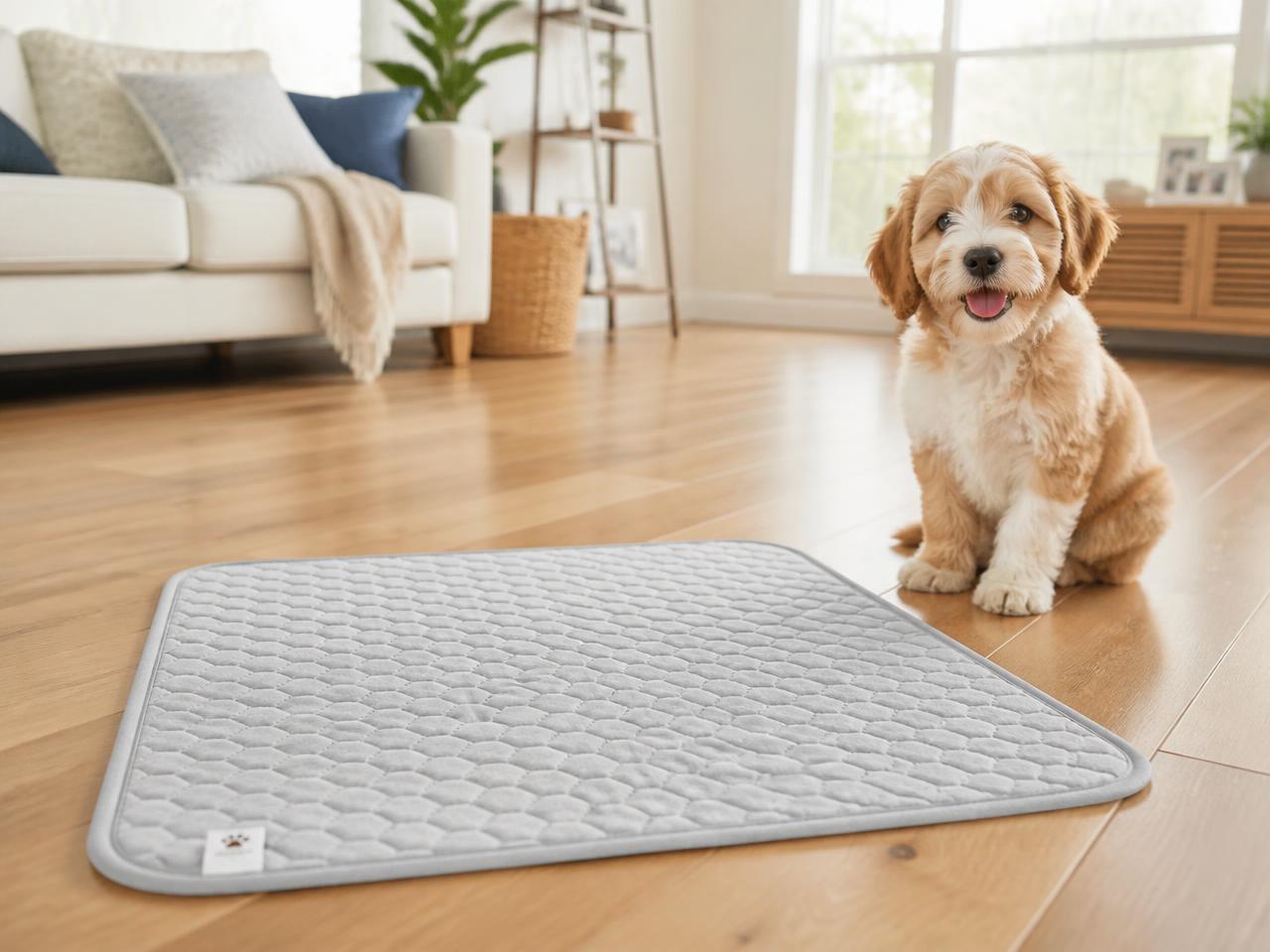 Tapete higiênico reutilizável Zenvi Pet no chão ao lado de um cachorrinho